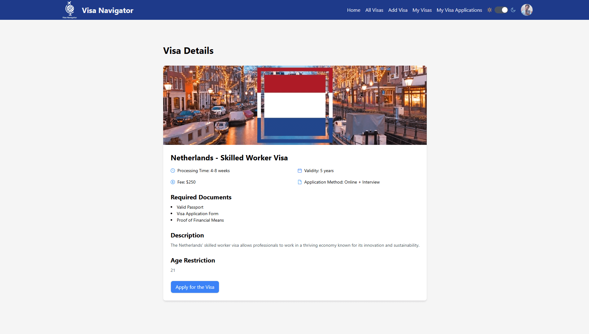 Visa Details Page